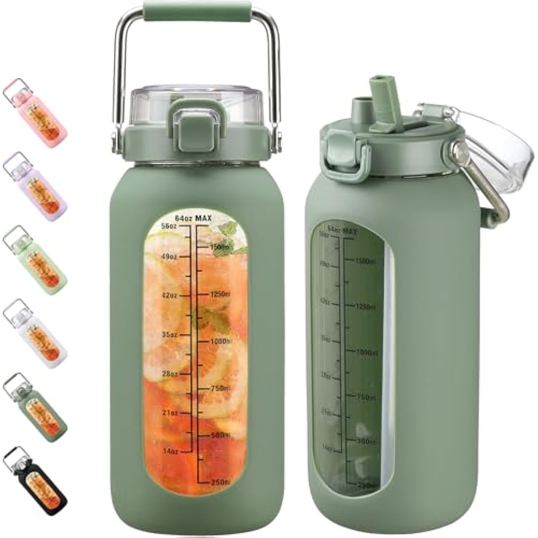 BLUEGO 2000ml Borosilicate Glass Water Bottle with Stainless Handle and Time Marker 2L Drinking Bottle with Silicone Sleeve and Straw for Gym Office Outdoor Sports Water Bottles BPA Free, Oliver