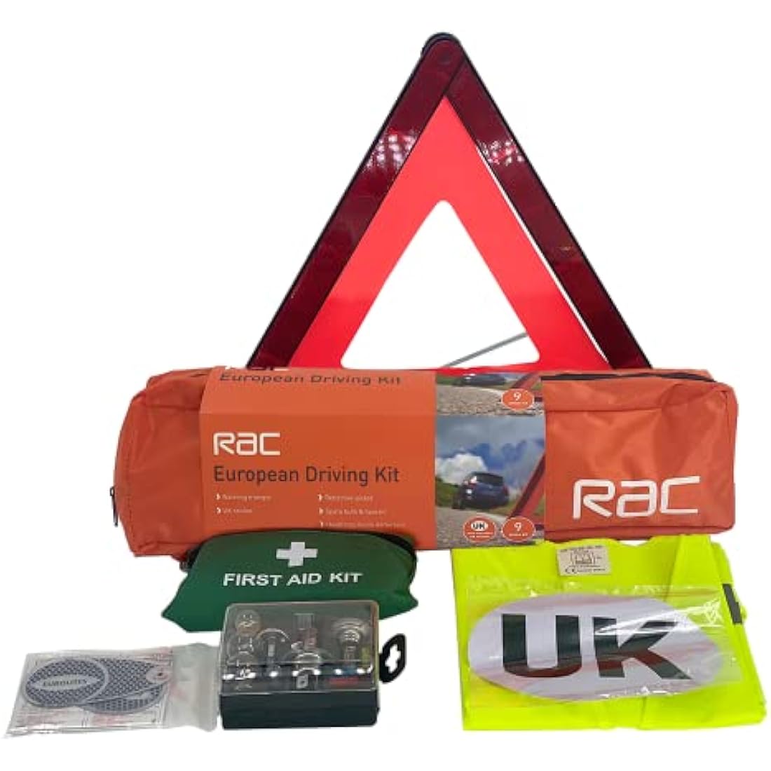RAC European Driving Kit – Essential Car Travel Kit for Roadside Emergency & Breakdown in Europe – Includes First Aid Kid, Hi-Vis Vest, Spare Bulb Kit, UK Car Sign & Warning Triangle