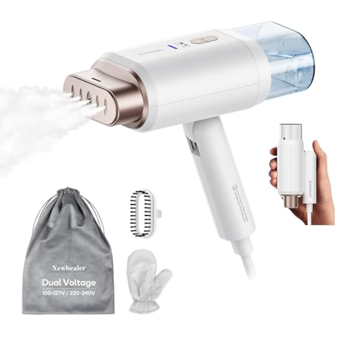 Newbealer Dual Voltage Travel Clothes Steamer - 220V/120V, 1200W Portable Garment Steamer with 180ml Detachable Water Tank, Horizontal & Vertical Steaming, Auto-Off, 20s Fast Heat Up, Gold