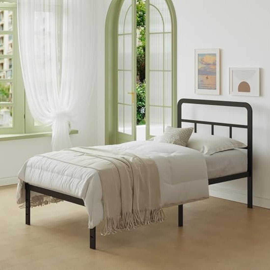 Lutown-Teen Black Single Bed Frame 3ft with Curved Headboard, Heavy Duty Metal Bed Frames Single with Steel Slats, 36 cm High, Ample Storage Underneath, Noise Free, Easy Assembly
