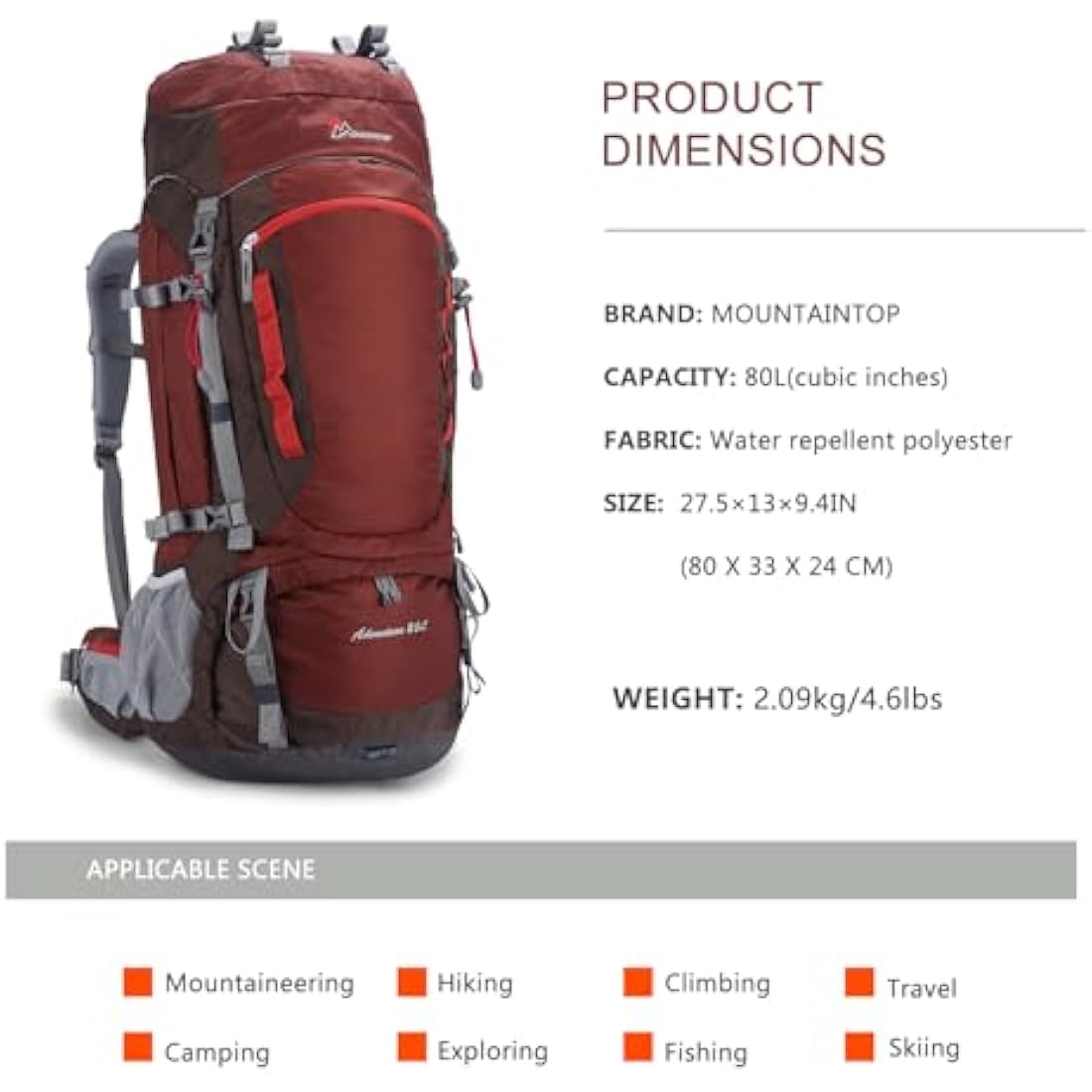 MOUNTAINTOP Hiking Backpack 80L Waterproof Mountaineering Backpack Large Camping Trekking Rucksack Multifunctional Climbing with Rain Cover
