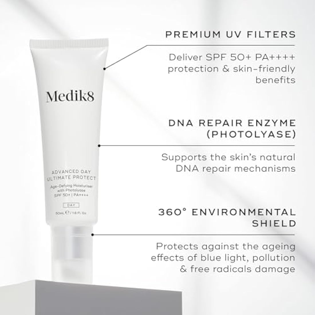 Medik8 Advance Day Ultimate Protect - SPF 50+ Age-Defying Moisturiser with Photolyase SPF 50+ PA++++ - Hydrating & Non-Greasy UV Protection - With Age-Defying DNA Repair Enzymes - 50ml