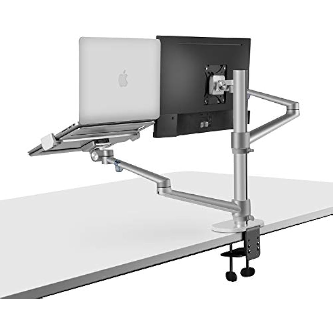 Thingy Club Dual Arm Monitor & Laptop Mount, Desk Mount Stand for up to 30 inch Computer Screen and 12-17 inch Laptop, Height Adjustable, Swivel at Any Angle, Each Arm Supports 8KG (Silver)