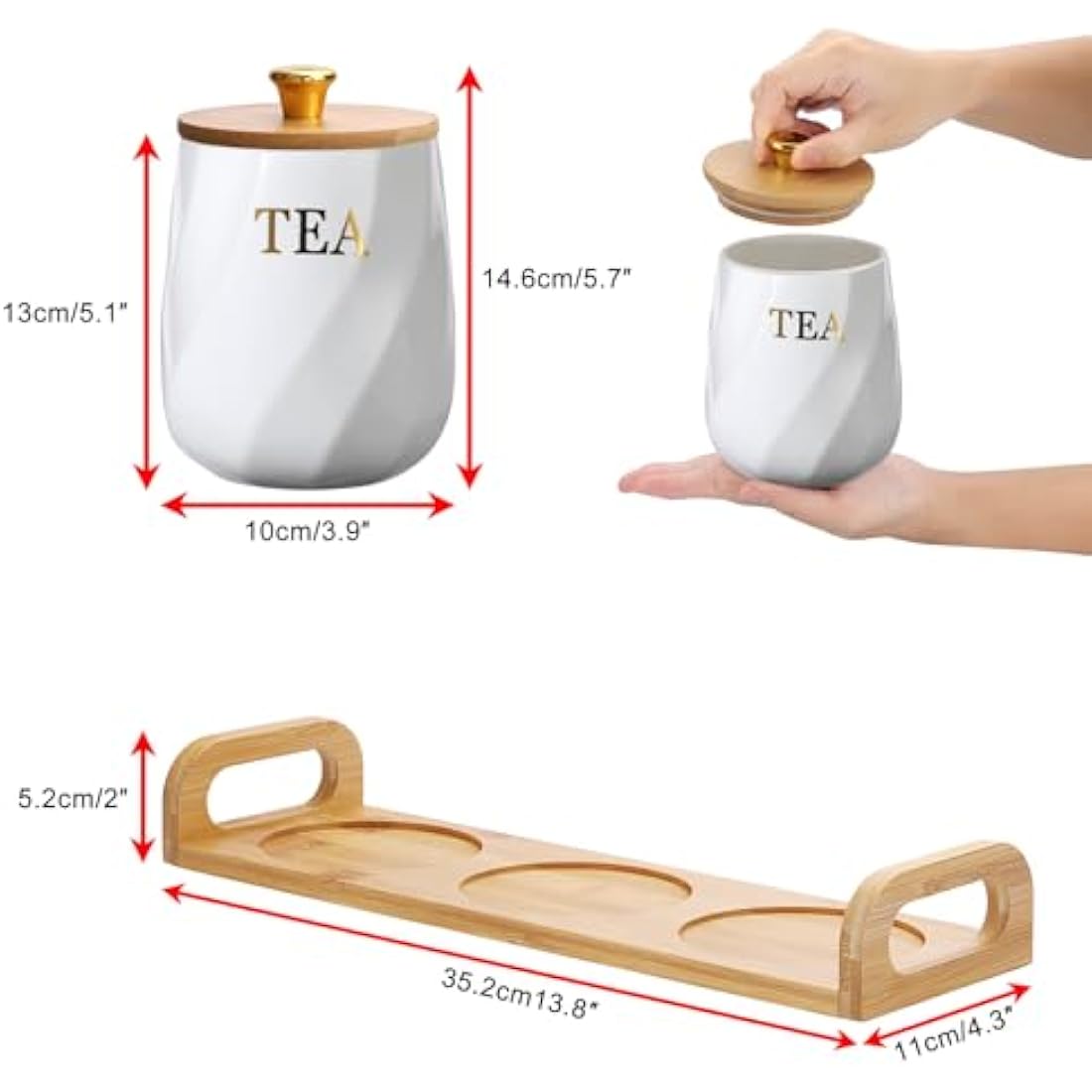 BTSKY Ceramic Kitchen Canisters with Lid and Tray - White Airtight Sugar Coffee Tea Containers with Wooden Tray, Food Storage Jars for Kitchen Counter