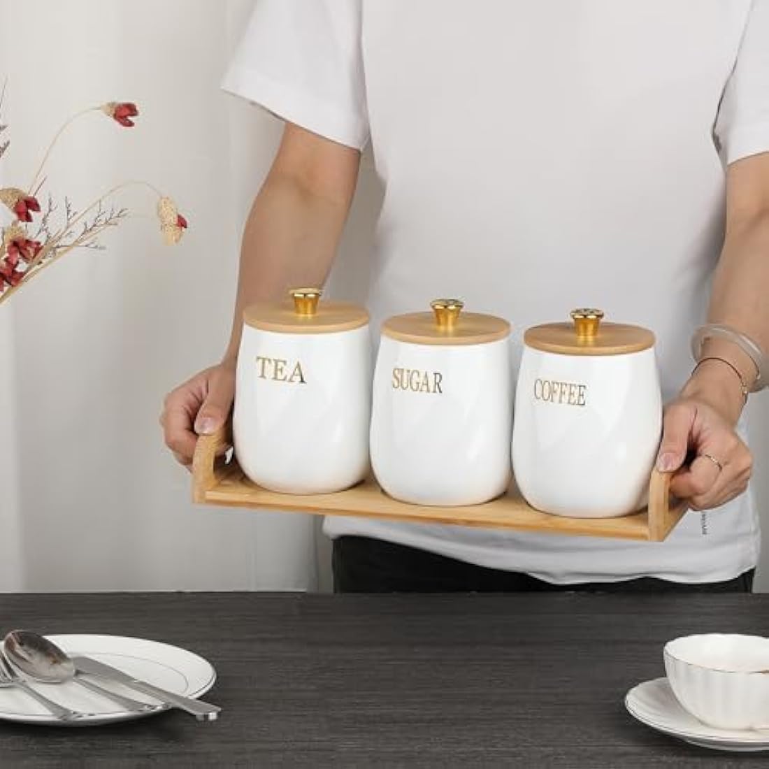 BTSKY Ceramic Kitchen Canisters with Lid and Tray - White Airtight Sugar Coffee Tea Containers with Wooden Tray, Food Storage Jars for Kitchen Counter