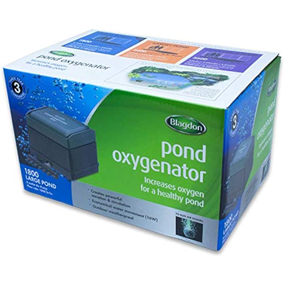 Blagdon Pond Oxygenator 1800, 6 Outlet Air Pump for Ponds Up to 10,000 Litres (Koi Ponds Up to 5,000 Litres), Suitable for Aeration and Oxygenation in Hydroponic and Aquaponic Systems, Green