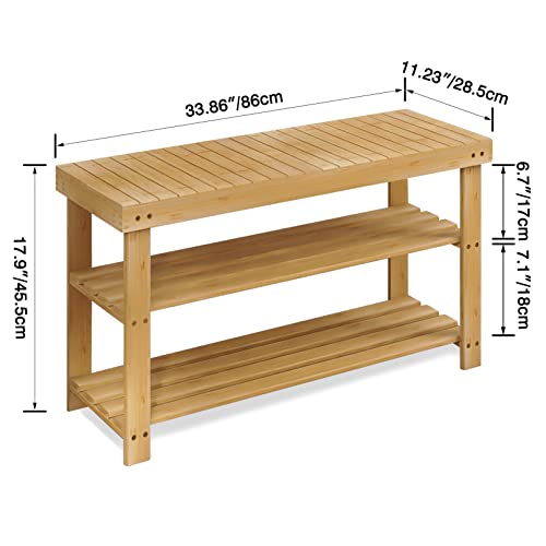 SMIBUY Bamboo Shoe Rack Bench, 3-Tier Shoe Organizer Storage Shelf for Entryway Hallway Bathroom Living Room (Natural)