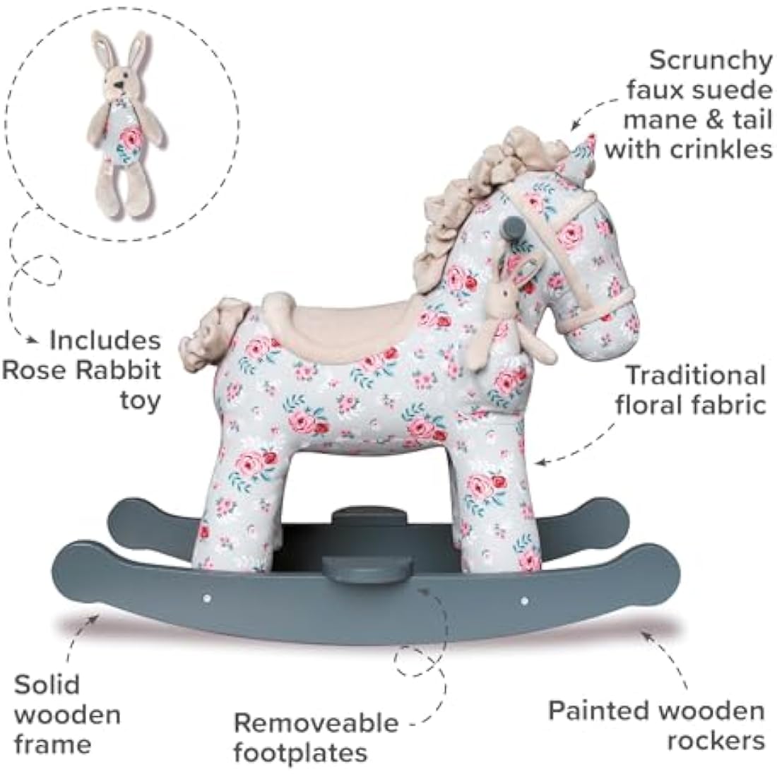 Little Bird Told Me - Lily & Rose Rocking Horse for Baby/Toddler 9+ Months Unisex - Grey & Pink Floral Printed Fabric, Solid Wooden Frame & Rockers, Removable Plush Toy - British Brand Since 2007