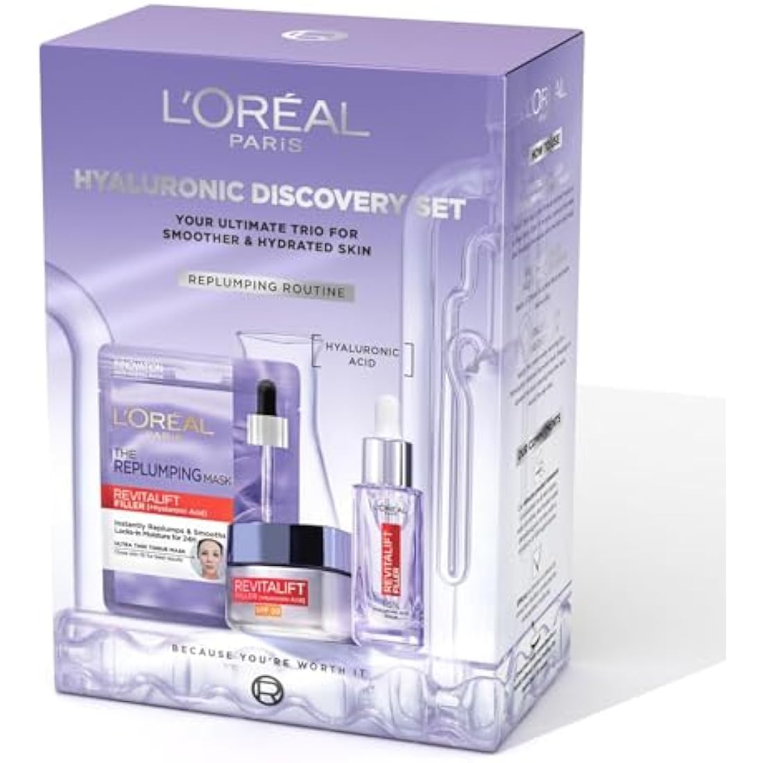 L'Oréal Paris Hyaluronic Discovery Set Gift Set - Revitalift Filler 1.5% Hyaluronic Acid Serum, Day cream and Replumping Tissue Mask