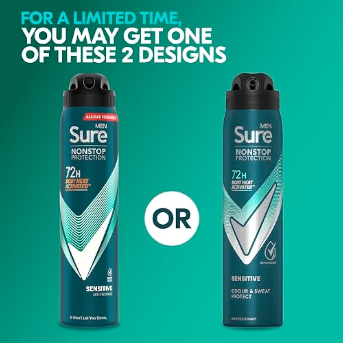 Sure Men Nonstop Protection Sensitive Anti-Perspirant Aerosol Men's Deodorant Spray with Body Heat Activated technology and a clean fragrance for 72 hour odour and sweat protection 6x 250 ml