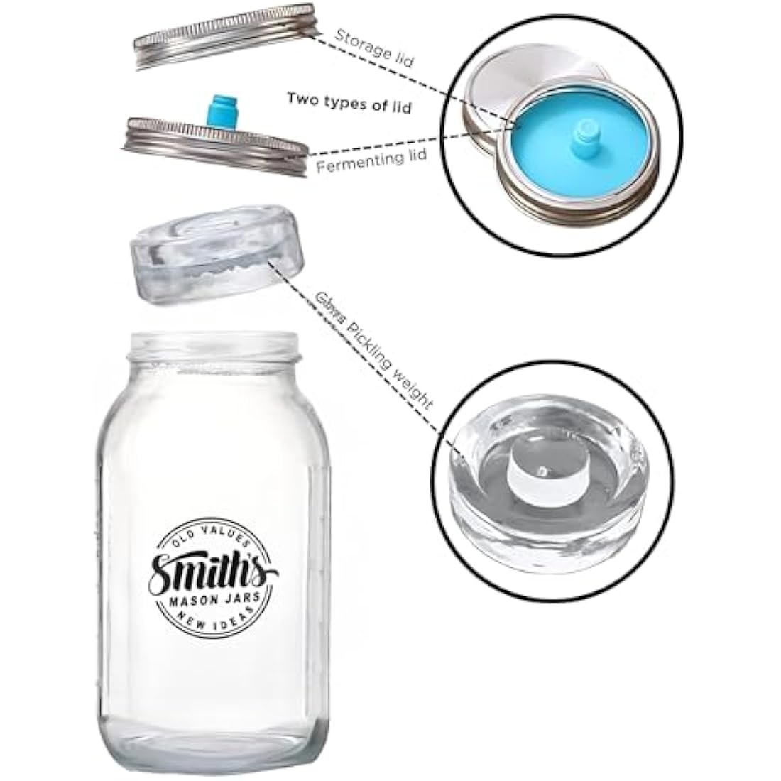 Smiths Fermentation Jars 2L – 2 Pack Glass Fermenting Jars with Airlock (1 Gas-Release Lid & 1 Storage Lid) – Used as Kimchi Container, Pickles, Kefir Jar, Kombucha, & Sauerkraut Fermentation Jar