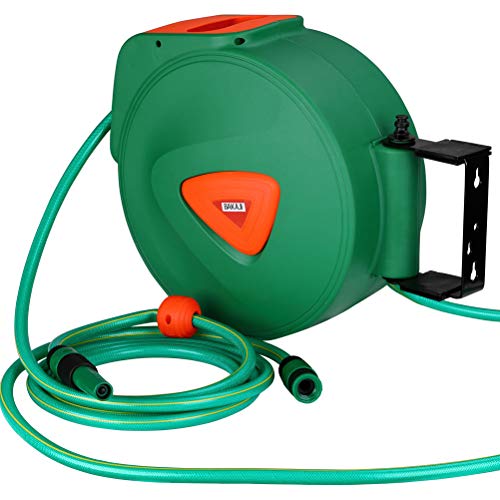 BAKAJI Garden Hose Reel Water Hose with Automatic Lock Wall Mount PVC Hose Wall Bracket Swivel 180? (20 Meters)