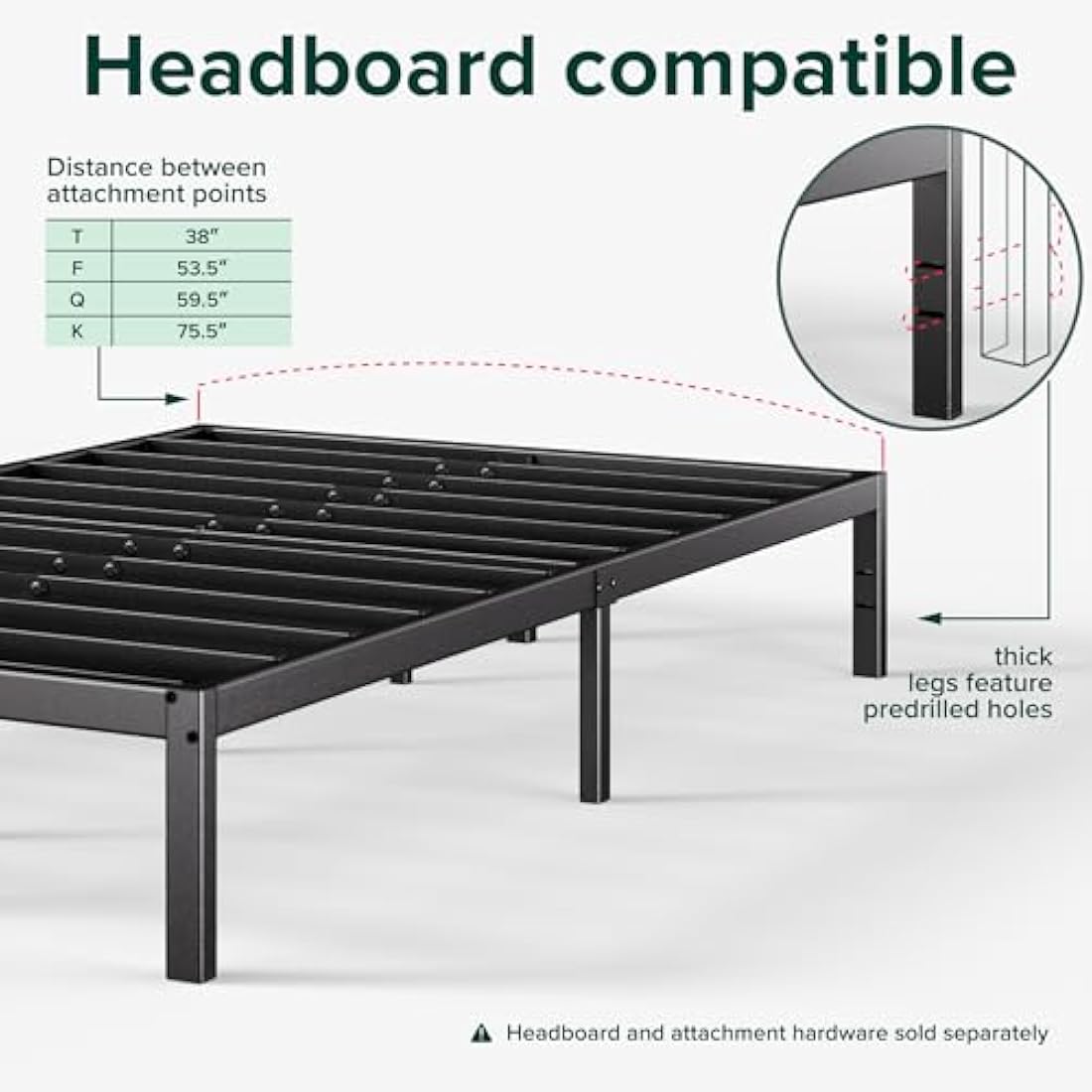 Zinus Elias King size Bed frame - Bed 150 x 200 cm - 36cm Height - Metal Bed frame with underbed storage and steel slat support - Black