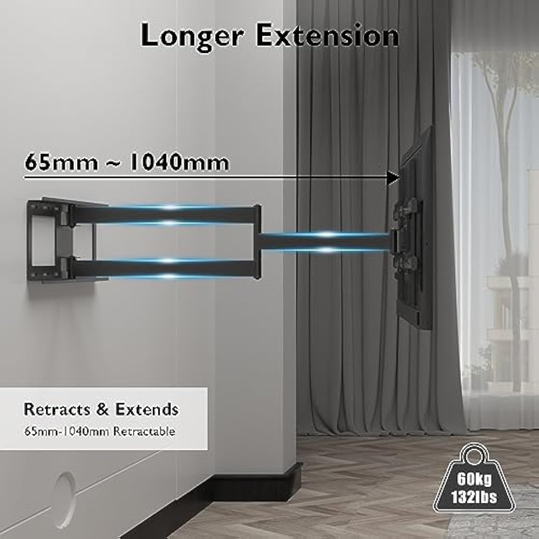 BONTEC TV Wall Bracket, Extra Long Articulating Arm for 32-75 Inch TVs, Full Motion TV Wall Mount, Tilt, Swivel, Rotate, Universal Wall Mount, Up to 60 kg, Max VESA 600x400mm, Space Saving