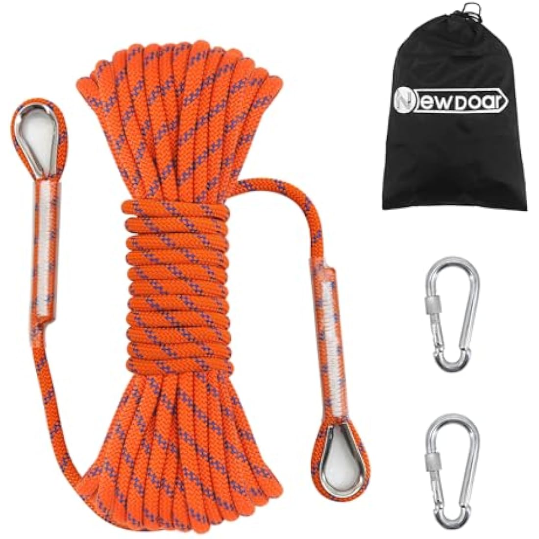 NewDoar 14KN Static Climbing Rope 8mm Accessory Cord Equipment 33FT(10M) 66FT(20M) 98FT(30M) 165FT(50M) Escape Rope with 2 Carabiners for Ice Climbing Fire Rescue Rope Safety Rope