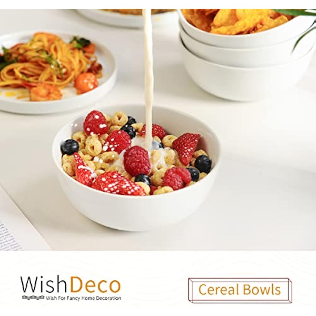 WishDeco Cereal Bowls Set of 4, Soup Bowls, 600ml Breakfast Bowl, Ceramic White Bowl for Dessert, Pasta, Noodle, Salad, Fruit, Microwave & Dishwasher Safe
