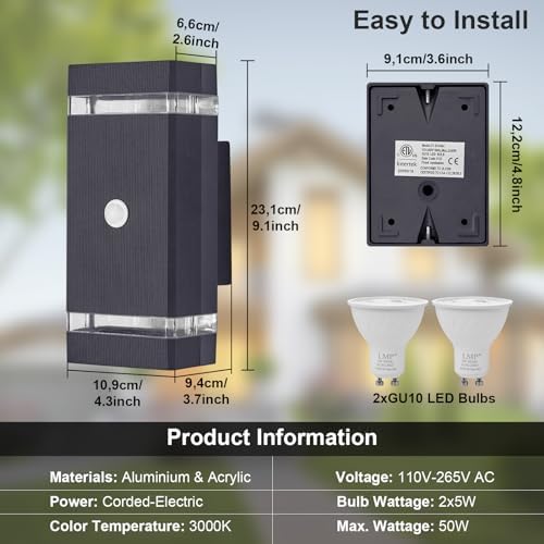 LMP Up Down Outdoor Wall Lights PIR, Motion Sensor Outside Lights Mains Powered, IP65 Square Porch Front Door Light Electric, External Modern GU10 LED Exterior Lighting for House, Anthracite Grey