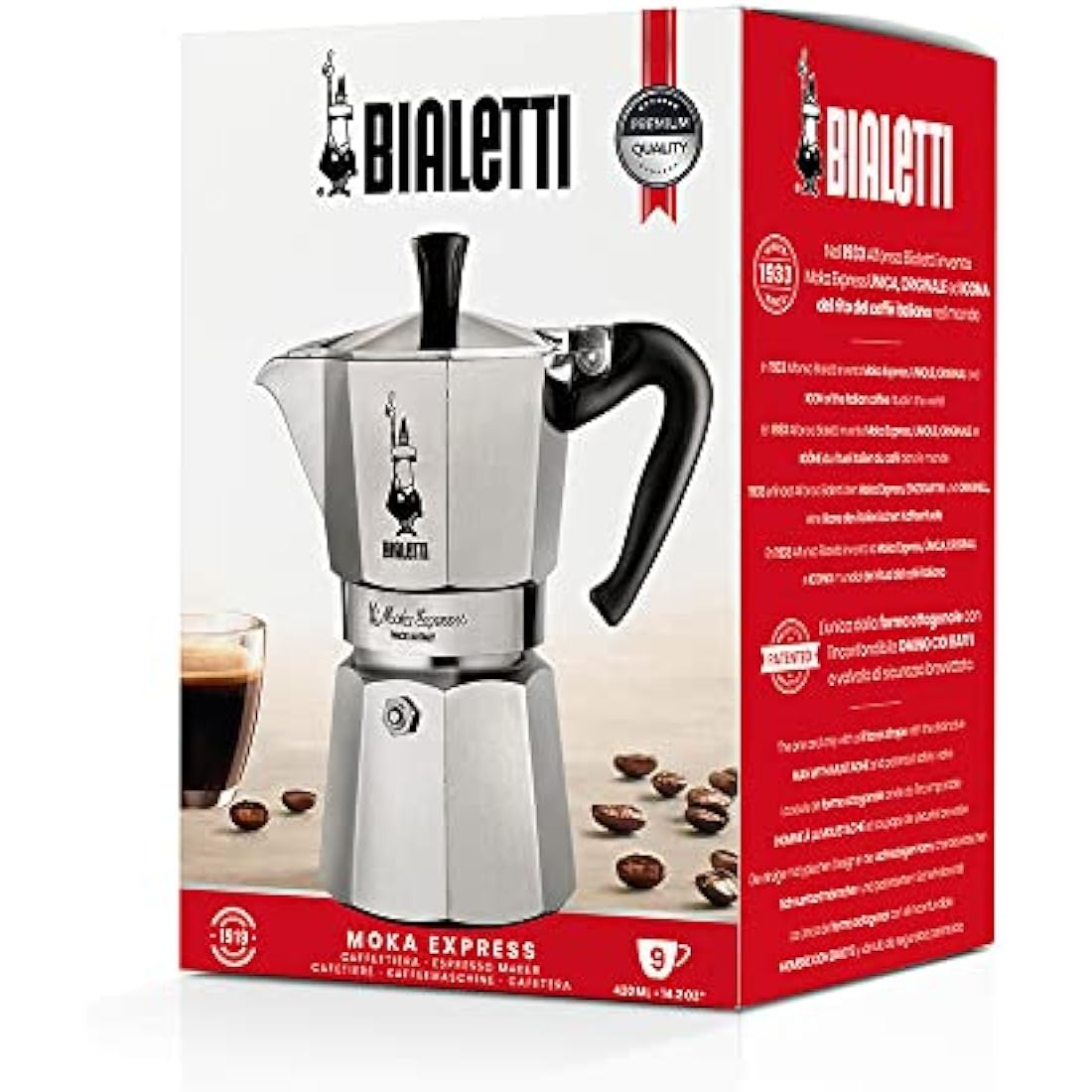 Bialetti Moka Express Aluminium Stovetop Coffee Maker (9 Cup), 420ml, Silver.