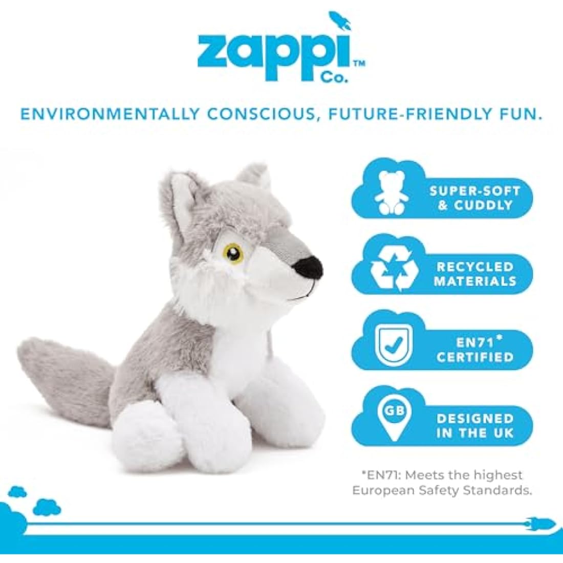 Zappi Co Ultra Soft Wolf Plush Toy (22 cm Length) - 100% Recycled, Eco-Friendly, Newborn Gift, Realistic Lifelike