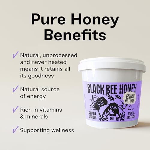 Black Bee Honey - Pure British Autumn Honey, Thick with Bold Aromatic Flavours, Unprocessed, Single Source from Hive to Jar, Never Blended - Delicious on Toast, Soothing in Drinks, 1Kg Tub
