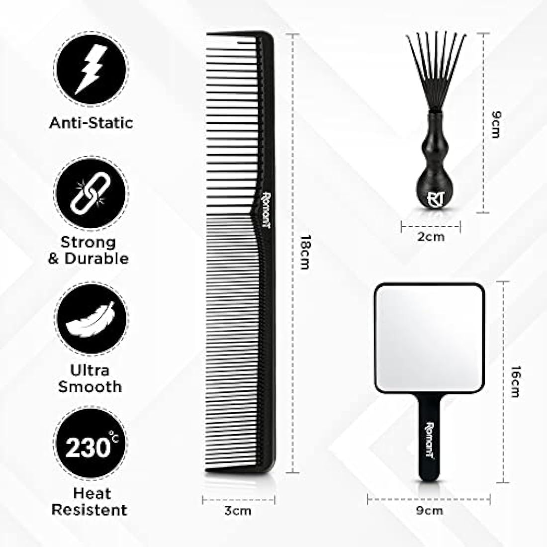 Roman-T 8-in-1 360 Wave Brush Kit - Grooming Kit for 360 Waves - 3 Wave Brushes, Soft, Medium & Hard - 2 Silky Satin Durag - Black & Black Paisley, Hand Mirror, Comb, Hair Brush Cleaner - Gift Set