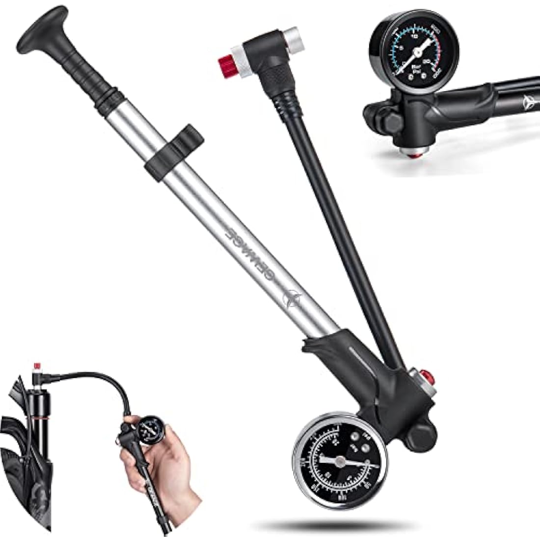 GEWAGE High Pressure Shock Pump (Max 300 PSI), 2-in-1 Bicycle Fork Pump/Bicycle Tyre Pump for MTB, Road Bike Fork and Rear Suspension, Portable Mini Pump with Bleed Button