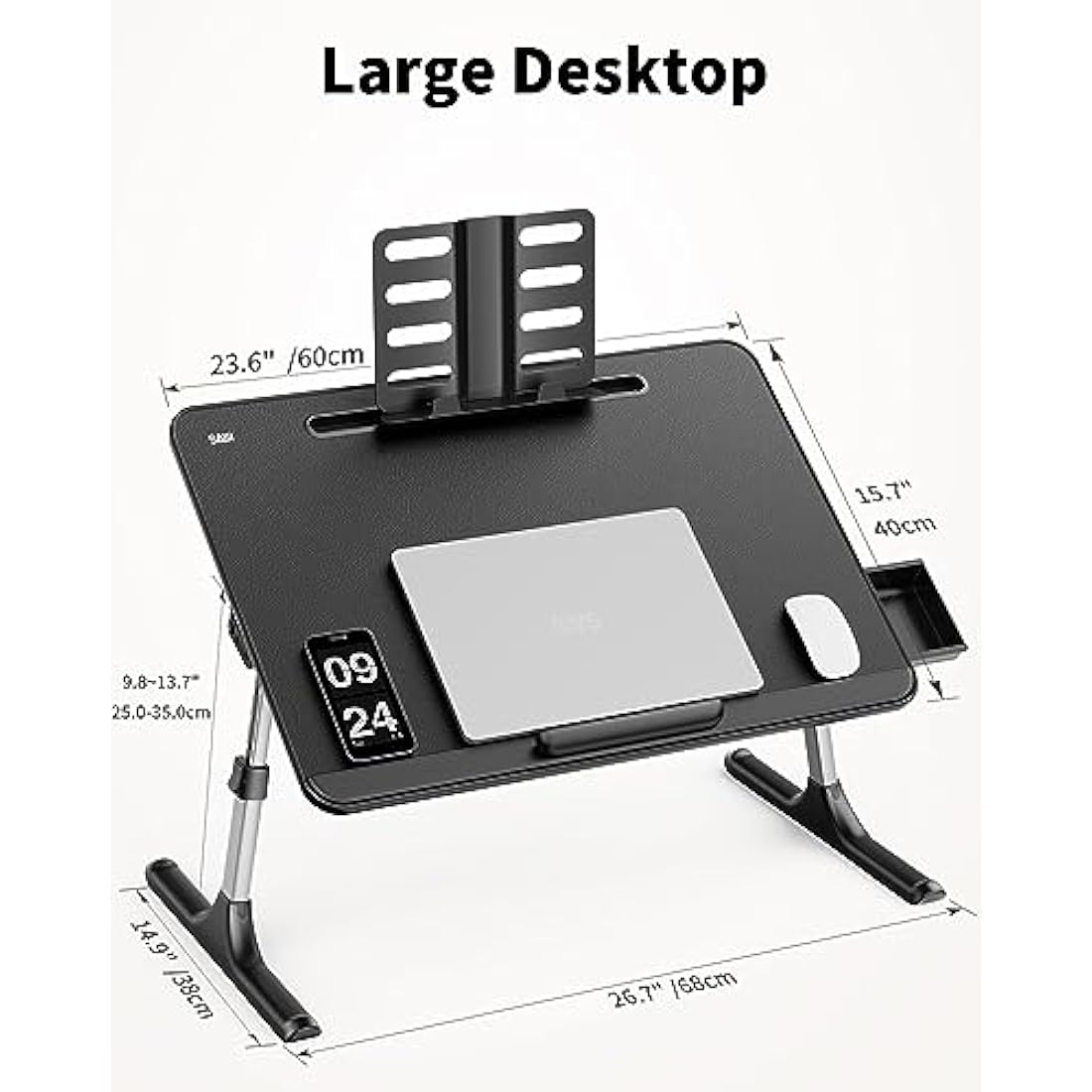 Laptop Desk, SAIJI 60 * 40cm Bed Table, Lapdesk, Height Angle adjustable, with Book Stand, Drawer, Tablet Slot, Breakfast Bed Tray for Sofa, Bed