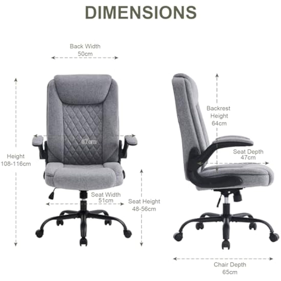 CASTLOVE Ergonomic Office Chair Computer Chair Executive Office Chair with Flip Up Armrest High Back Rocking Function Height Adjustable Comfortable Desk Chair for Home Office Fabric Grey