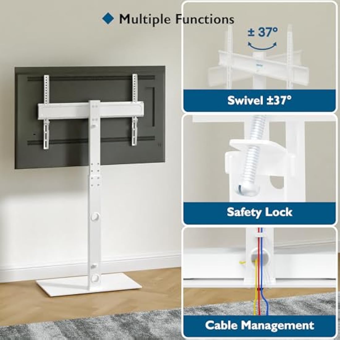 BONTEC TV Floor Stand for 30-70 inch LED LCD OLED Plasma Flat Curved TVs, Height Adjustable Tall TV Stand with Brackets up to 40kg, Max VESA 600x400mm White