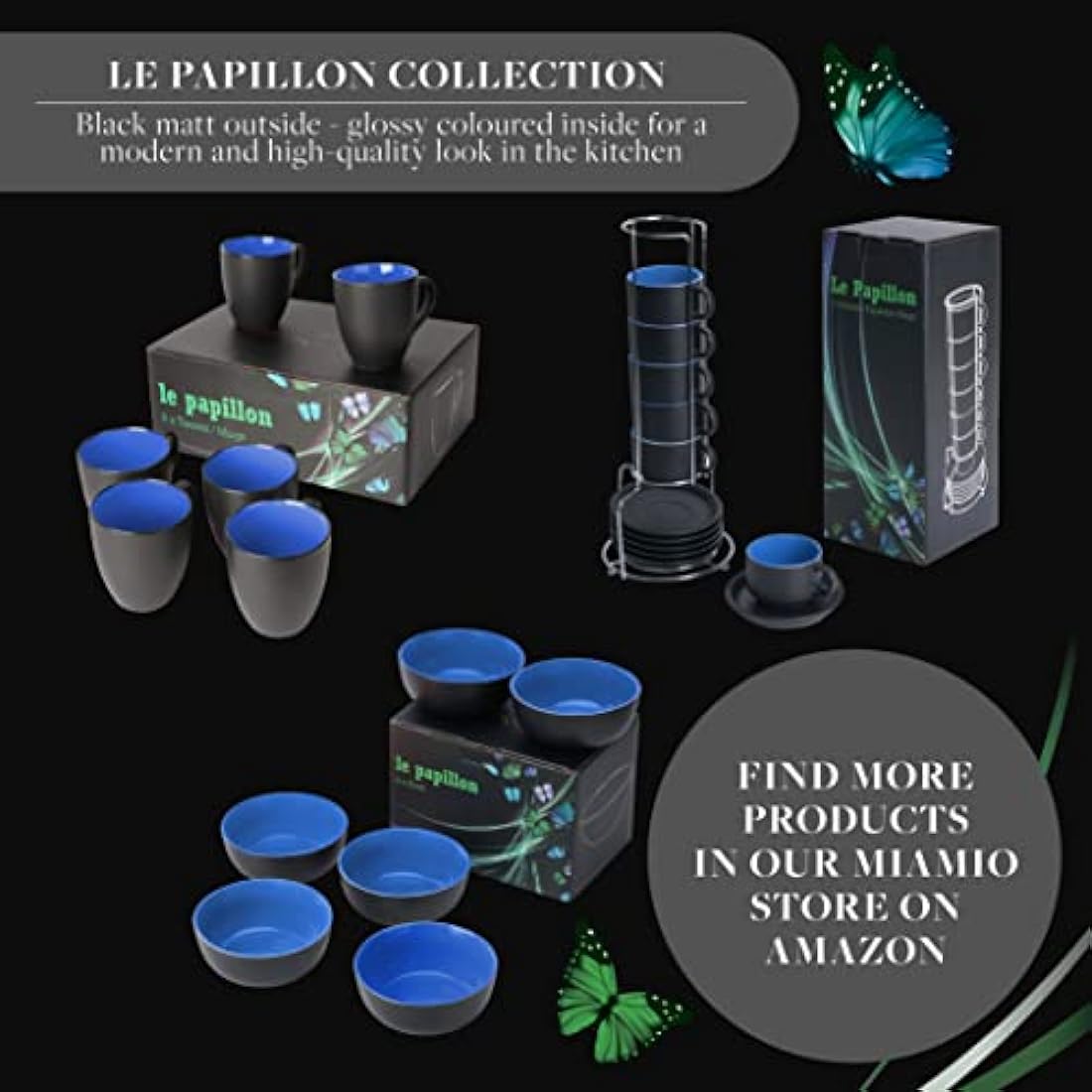 MIAMIO - 6 x 350 ml Stoneware Coffee Mug/Cup Set - Le Papillon Collection (Blue)