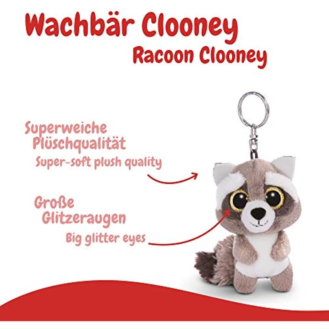 Nici 45550 Glubschis Schlüsselanhänger Waschbär Clooney 9cm Keyring Racoon, Animal Print, Colour: Pink/White, 9 cm