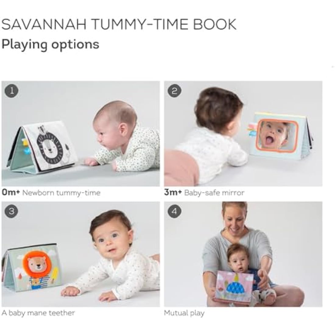 Taf Toys Savannah Tummy-time Newborn Baby Book. Double-sided Sensory Pages Includes Baby Safe Mirror, High Contrast Pictures, Crinkle Textures & Baby Teether. Gift Suitable for Boy & Girls from Birth