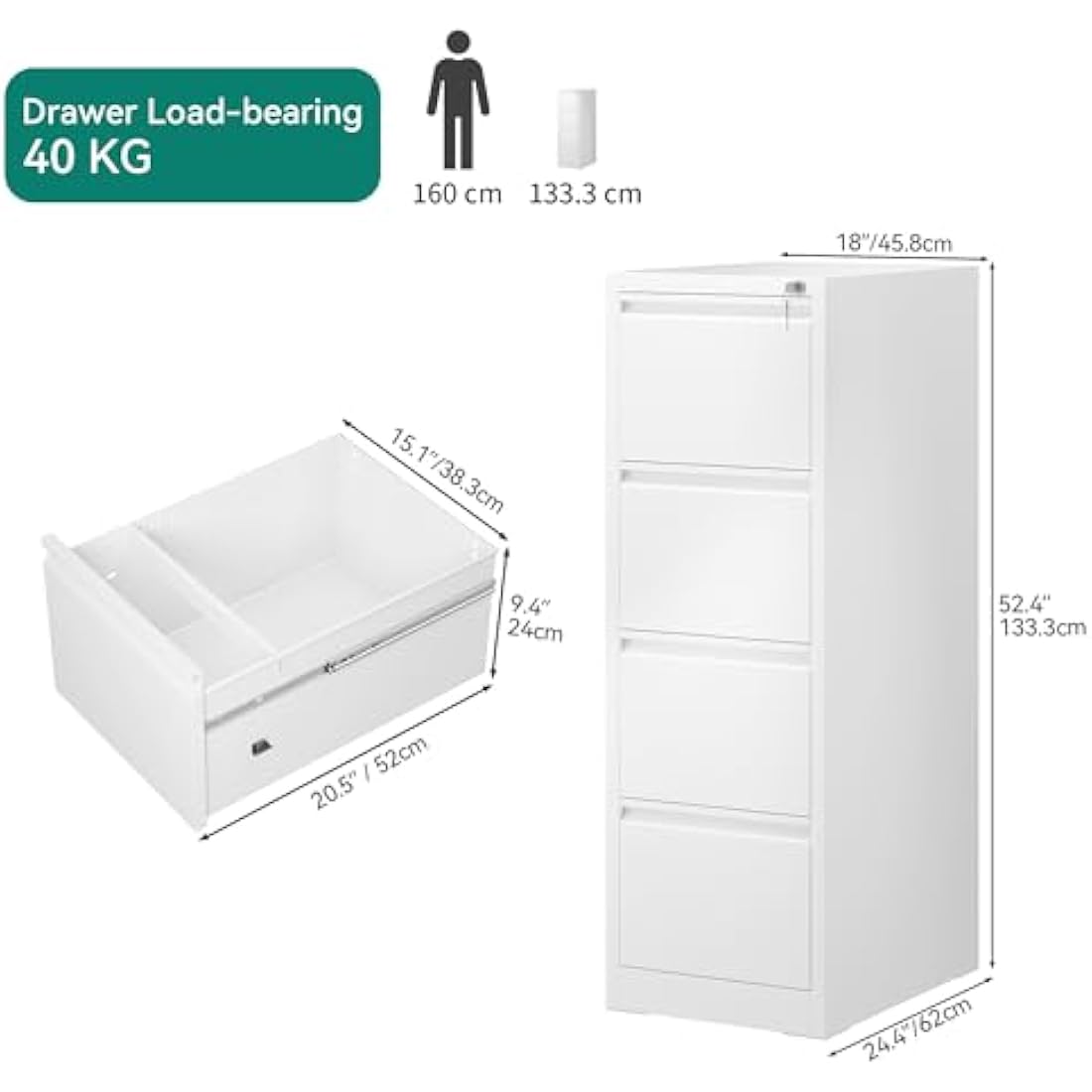 YITAHOME Filing Cabinet with 4 Lockable Drawers, Anti-tipping Rolling Filing Cabinet with Wheel for Home Office, Under Desk File Storage Cabinets for Letter/Legal/A4 Size, White, 62 x 45 x 133cm