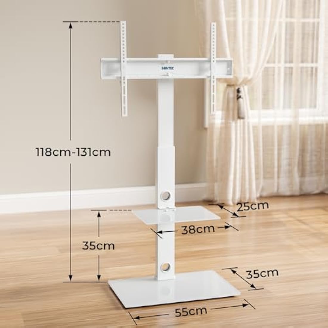 BONTEC Universal Floor TV Stand for 30-70 inch LED OLED LCD Plasma Flat Curved Screens, Height Adjustable Tall TV Stand with 2-Tier Tempered Glass Shelves up to 40KG, Max VESA 600x400mm (White)