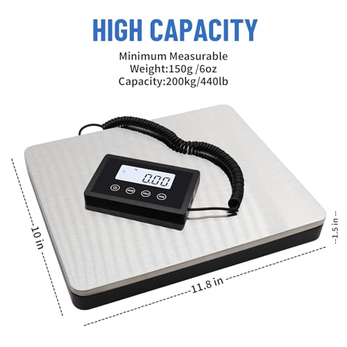 UNIWEIGH Postal Scales,440lb/0.35oz High Precison LCD Display Shipping Scales,Heavy Duty Stainless Steel Postage Scale with Hold Tare Function,Large Parcel Scale for Luggage,Package,Warehouse,Home,Pet