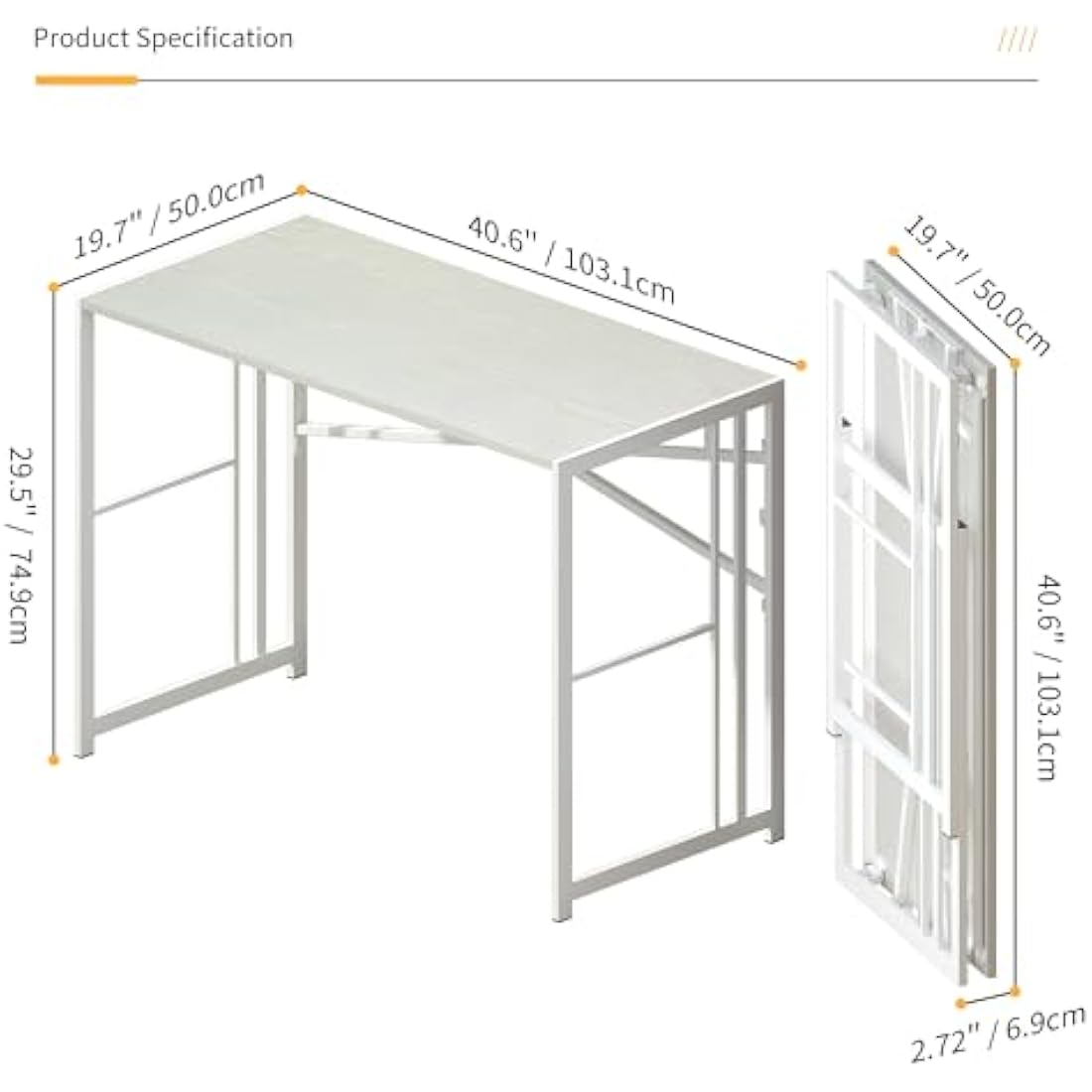 Lutown-Teen 103 cm Folding Desk, Writing Gaming Computer Camping Desk, No Assembly Required Home Office Table, White