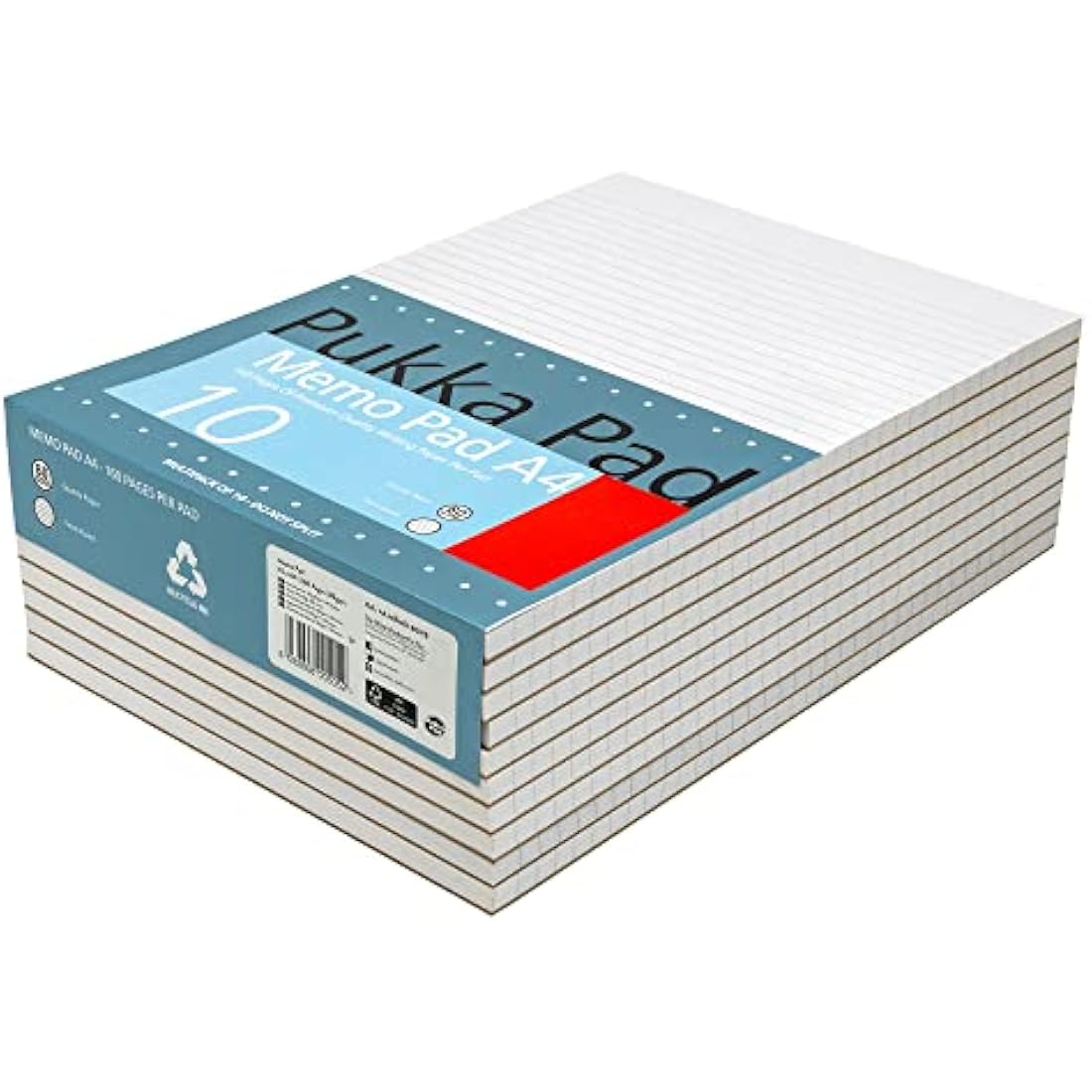 Pukka Pad, A4 8mm Ruled Memo Pad – Pack of 10 – 160 Pages, 80 Sheets of Unpunched 60GSM Paper Per Pad – Glue Top-Bound, Thick Card Back Cover for Home, School Students, & Office Professionals