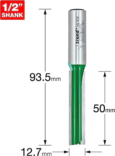 Trend CraftPro Straight Flute Two Flute Router Cutter, 1/2 Inch Shank with 12.7mm Cut Diameter and 50mm Cut Length, Carbide Tipped, C153X1/2TC