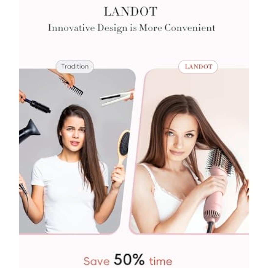 LANDOT Hot Blow Hair Dryer Brush: Upgraded Plus 2.0 Hot Air Brush - One-Step HairDryer Styler and Volumizer 4 in 1 for Drying Straightening Curling Volumizing Hair - Fight Frizz and Add Volume
