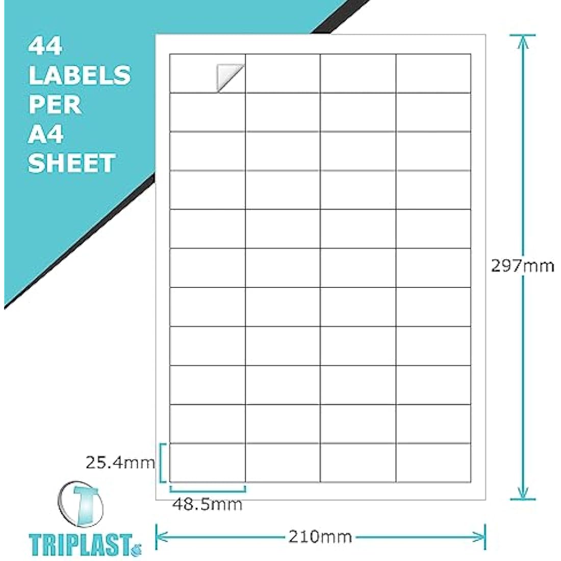 Triplast 50 x Multipurpose A4 Label Sheets - 44 Per Sheet (48 x 25mm Each) - Easy Peel White Labels Inkjet & Laser Printer - Address Labels, Shipping Labels, File Labels, DIY Stickers (TPA4L0440050)