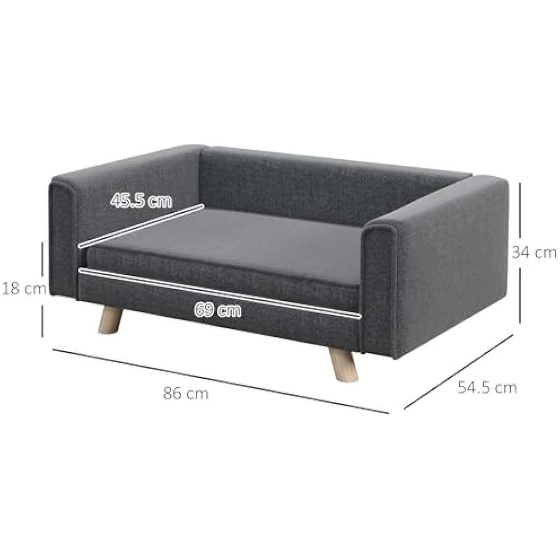 PawHut Dog Sofa Bed, Elevated Dog Couch for Medium and Small Dogs, with Soft Cushion, Removable and Washable Cover, Grey