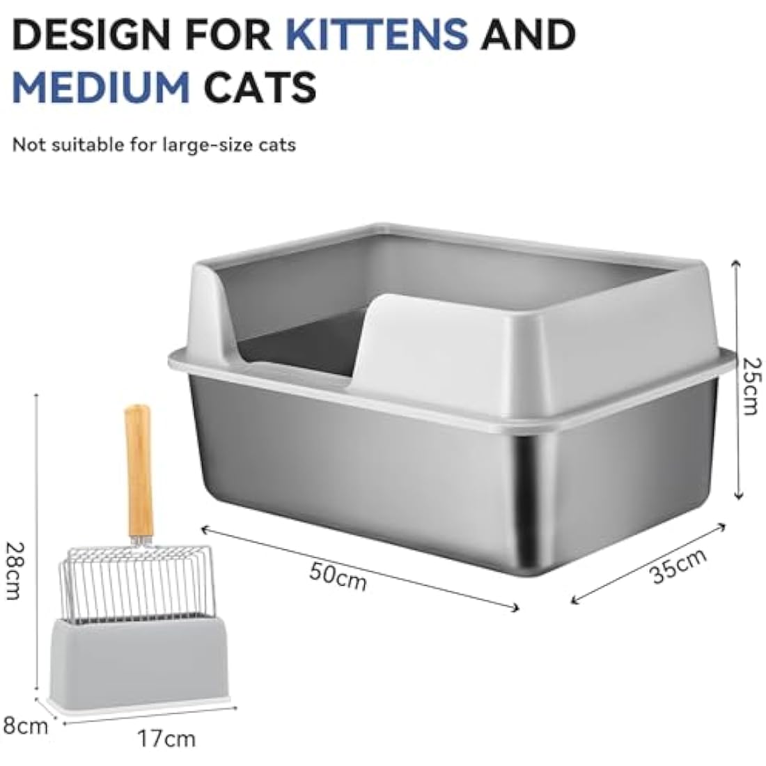 XXL Stainless Steel Cat Litter Tray - High Rim Open Box with Metal Scoop, Easy to Clean