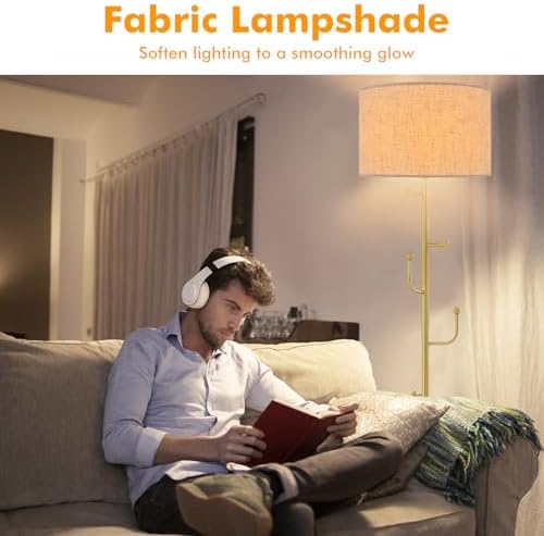 GiantexUK Floor Lamp with Coat Rack, Multi-Purpose Standing Lamp with Linen Fabric Lampshade, 5 Hooks, E27 Socket, Foot Switch & Large Base, Modern Reading Light for Living Room Bedroom Office