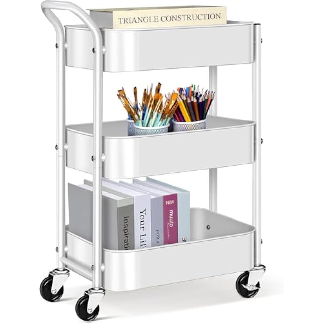 MISSLO Utility Cart 3 Tier Rolling Cart with Wheels and Handle, Under Desk 27" Height Small Metal Storage Trolley Organizer Rack Shelf, Mobile Book Art Cart for Office, Kitchen, Bathroom (White)