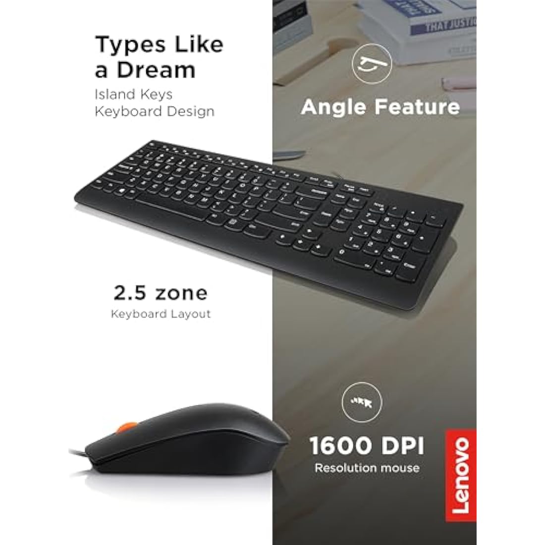 Lenovo 300 USB Combo, Full-Size Wired Keyboard and Mouse, Ergonomic, Left or Right Hand, Optical, GX30M39606, Black