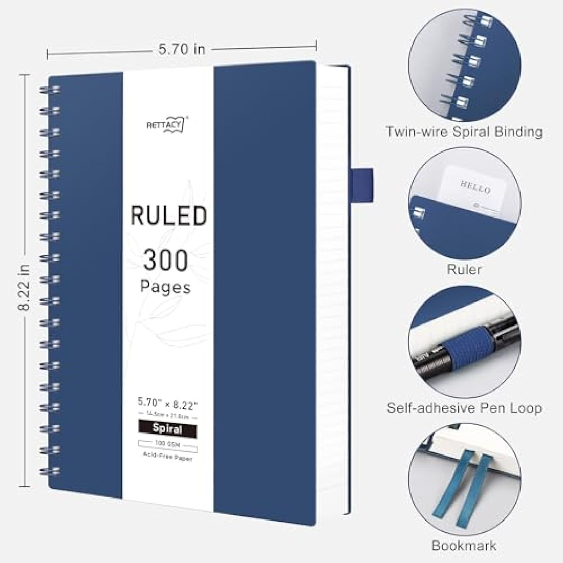 RETTACY A5 Notebook, Notepad, Wirebound Spiral Notebooks 300Pages /150 Sheets for Writing,100gsm College-Ruled Paper, Retro PVC Cover, for Men Work Office School,14.5 x 21cm - Navy blue