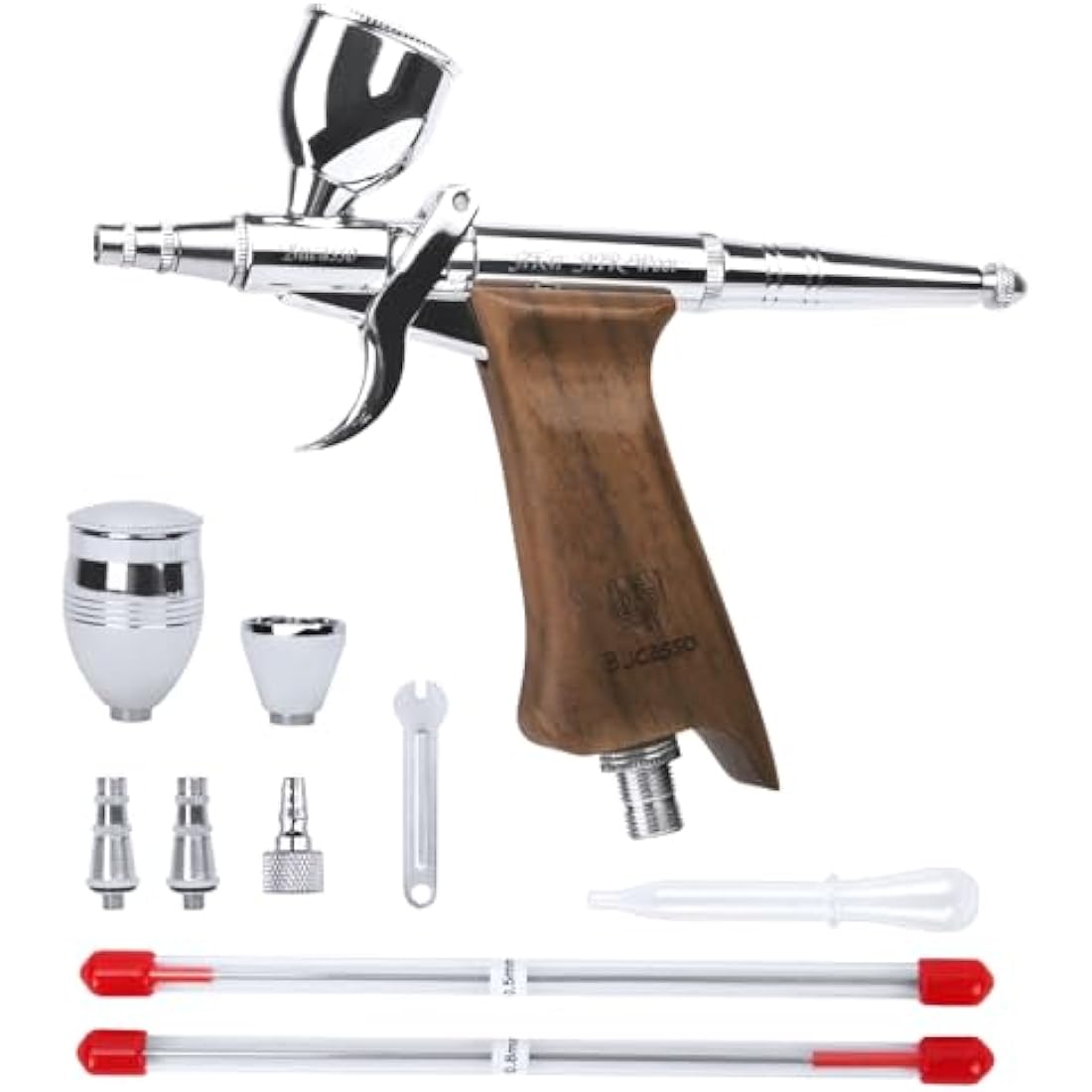 Bucasso Airbrush Kit, Air Brush Spray Gun with 0.3mm/0.5mm/0.8mm Needles/Nozzle Sets, 3cc/7cc/11cc Replaceable Fluid Cup for Painting Model Nails Cake Tattoo Makeup (Walnut01)