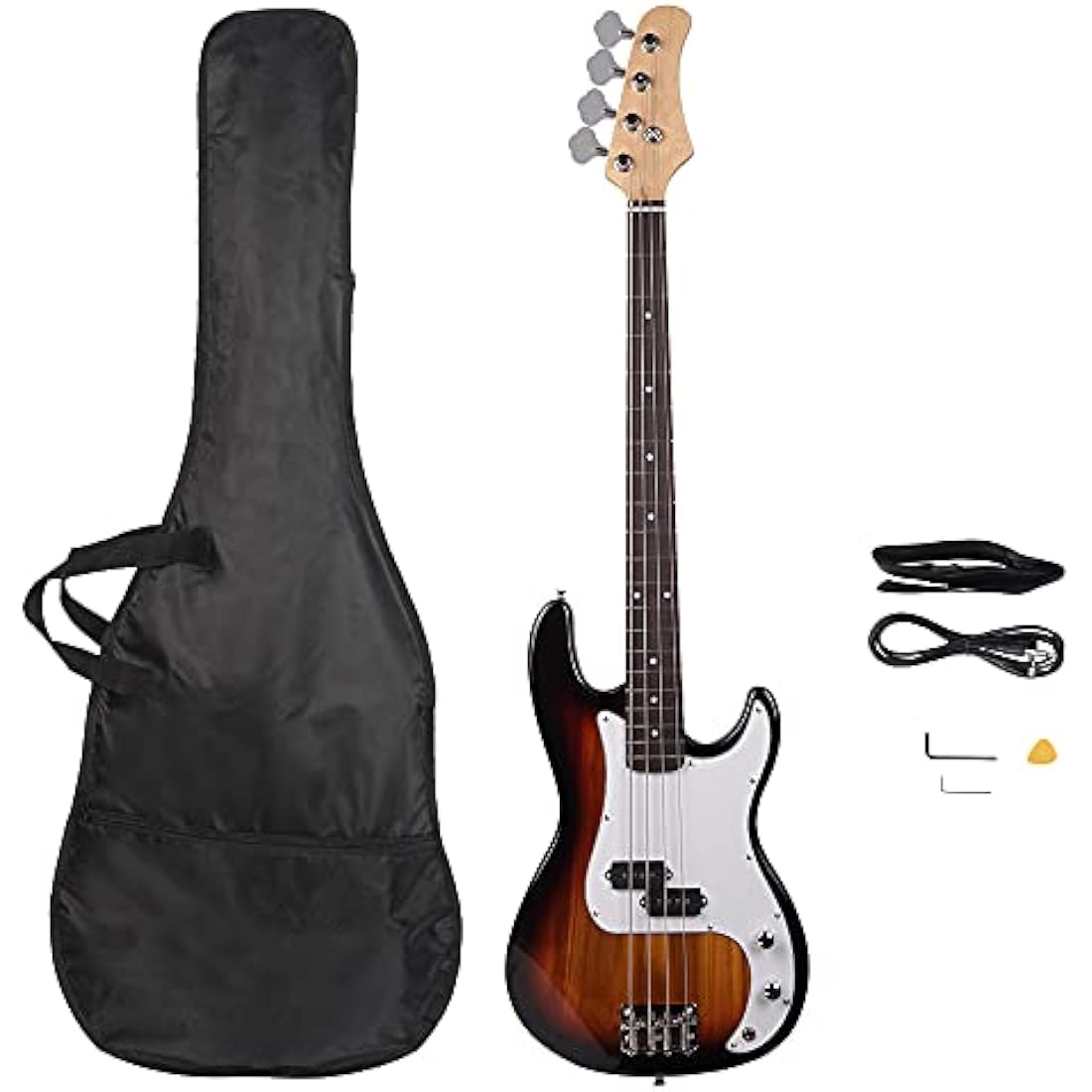 Bonnlo Electric Bass Guitar 4 Strings Full Size for Beginner Exquisite Basswood Burning Bass with Bag, Strap and Accessories (Sunset)