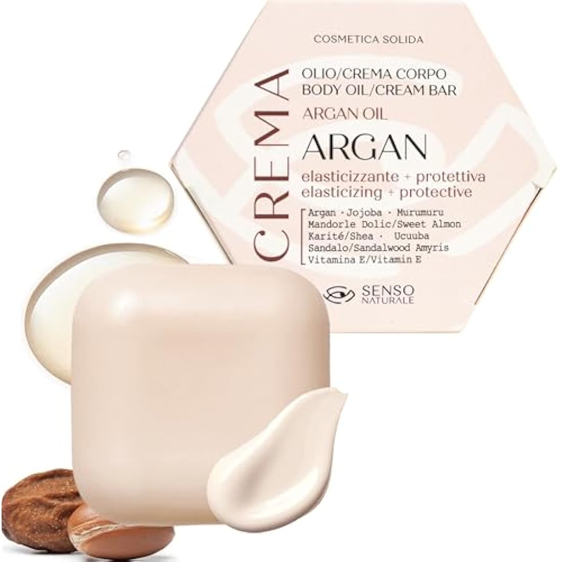 Senso Naturale Argan Solid Body Oil - Moisturising Body Cream Elastic for Firm Skin - Prevents Tone Loss and Stretch Marks - Vitamin E - Vegan - Equivalent to 500 ml Liquid