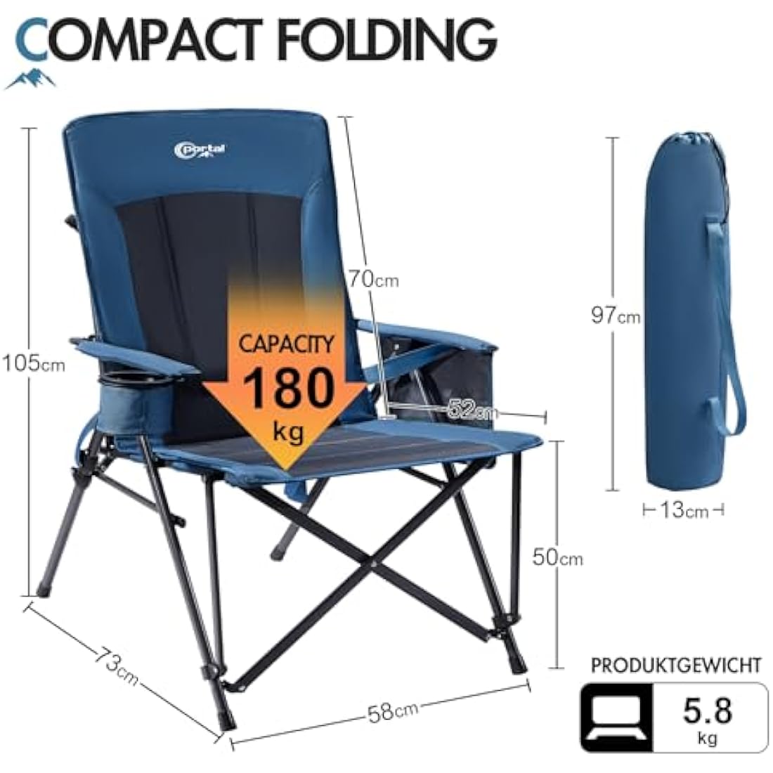 Portal Folding Camping Chair for Adults with Lumbar Support Heavy Duty 180KG High Back Garden Festival Picnic Chair Hard Armrests Deluxe Foldable Collapsible Portable for Fishing Beach Patio